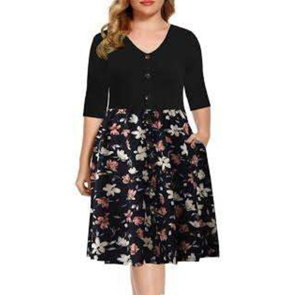 BEDOAR Black Floral V-Neck 3/4 Sleeve A-Line Midi Dress with Pockets Buttons XXL